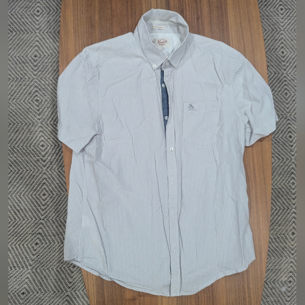 Original Penguin Men's Light Blue and White Checkered Shirt